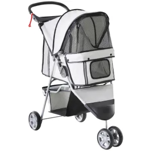 PawHut Pet Stroller Pushchair Carrier for Cat Puppy with 3 Wheels Grey