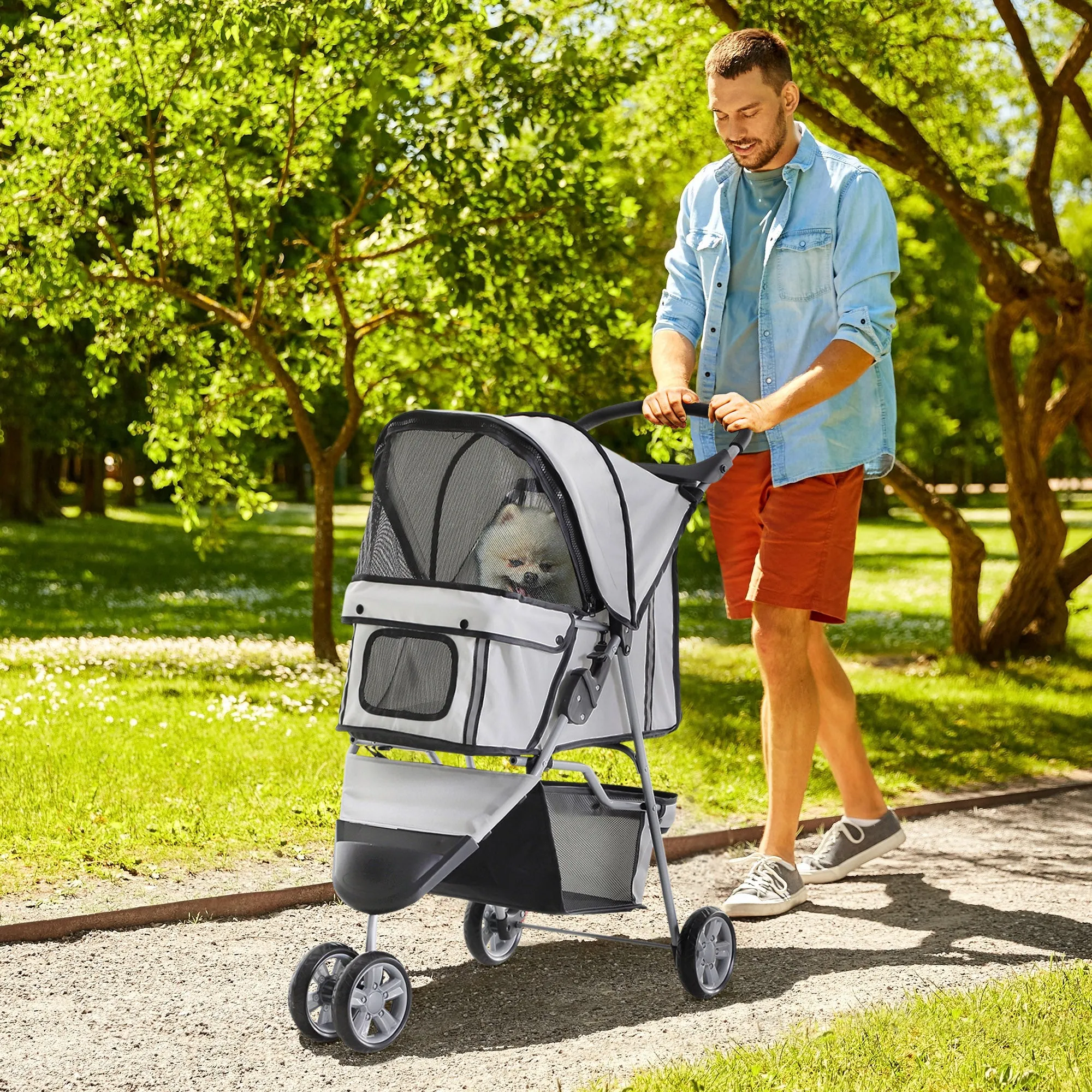 PawHut Pet Stroller Pushchair Carrier for Cat Puppy with 3 Wheels Grey