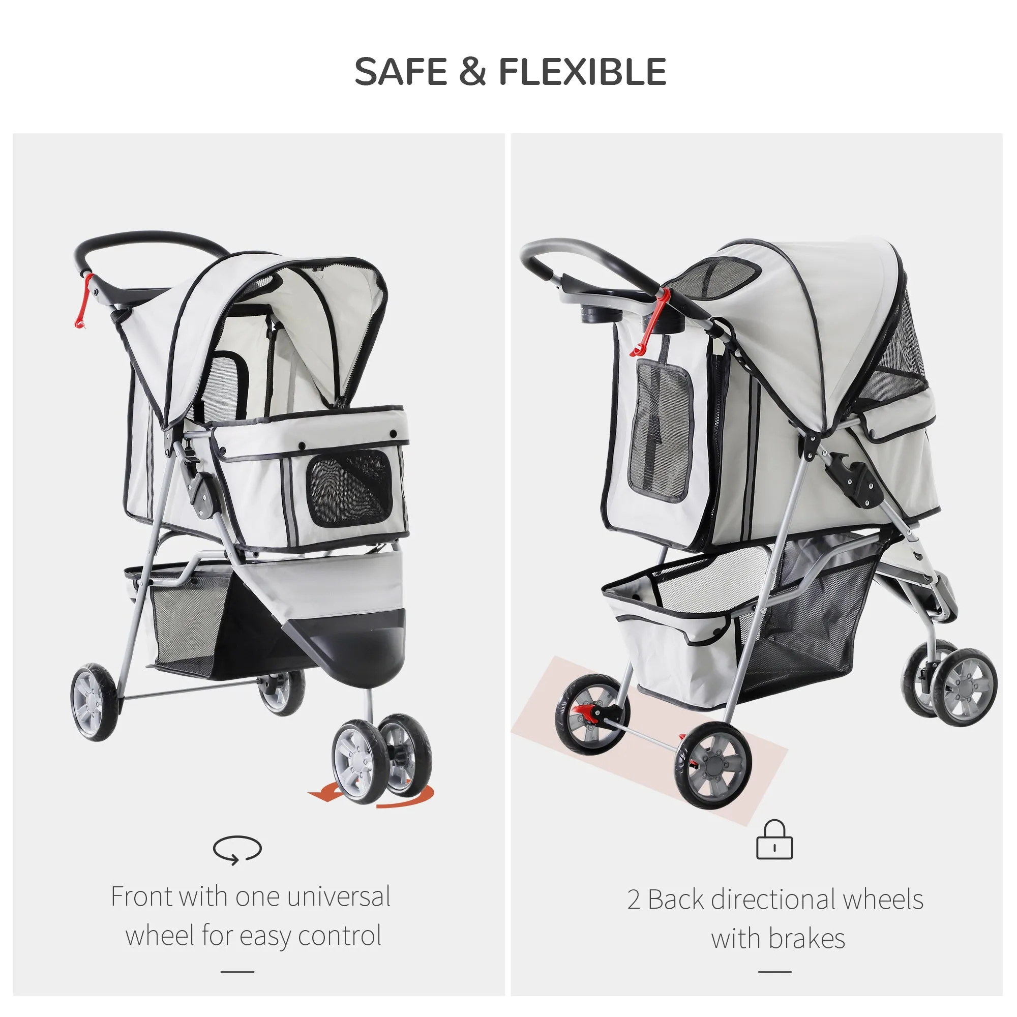 PawHut Pet Stroller Pushchair Carrier for Cat Puppy with 3 Wheels Grey