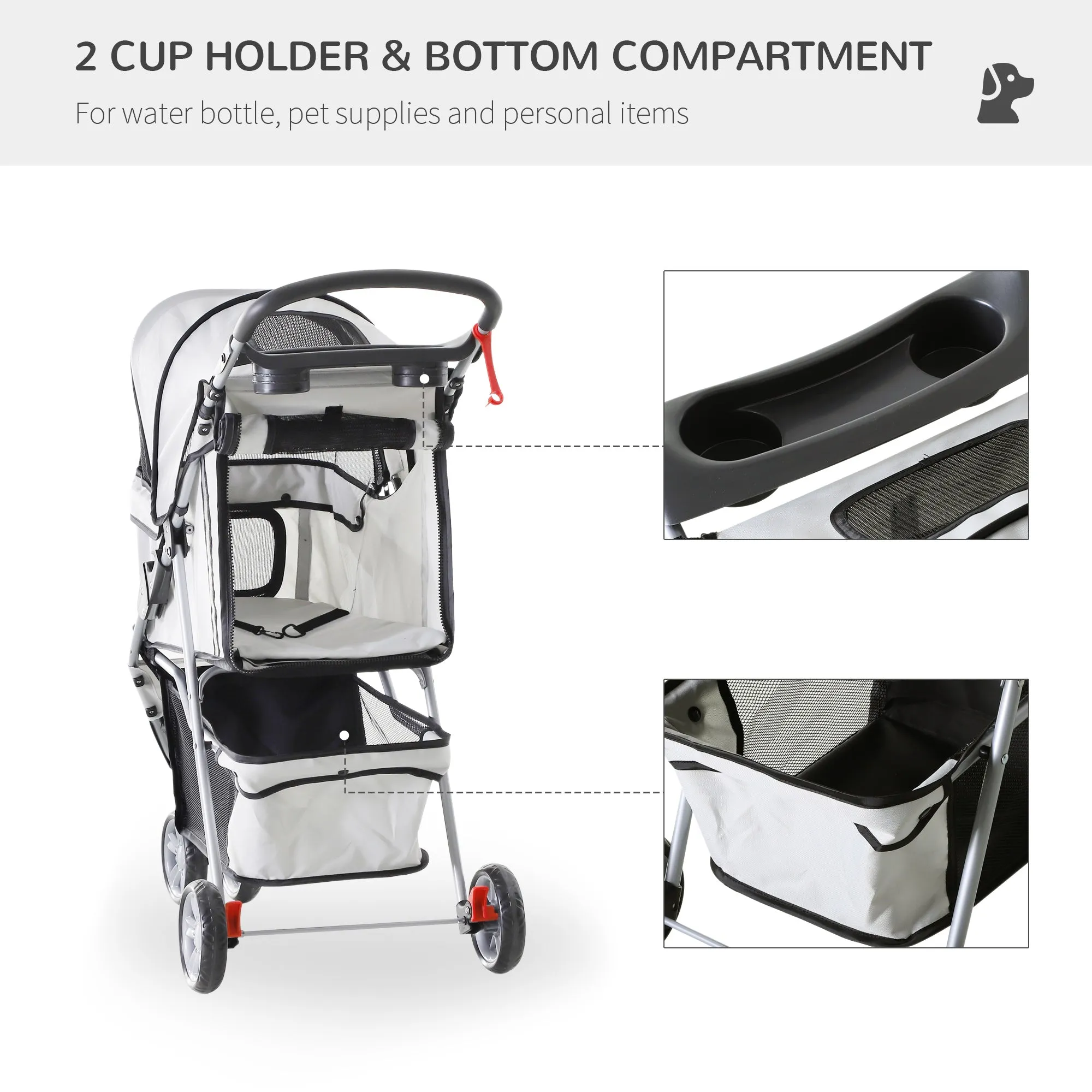 PawHut Pet Stroller Pushchair Carrier for Cat Puppy with 3 Wheels Grey