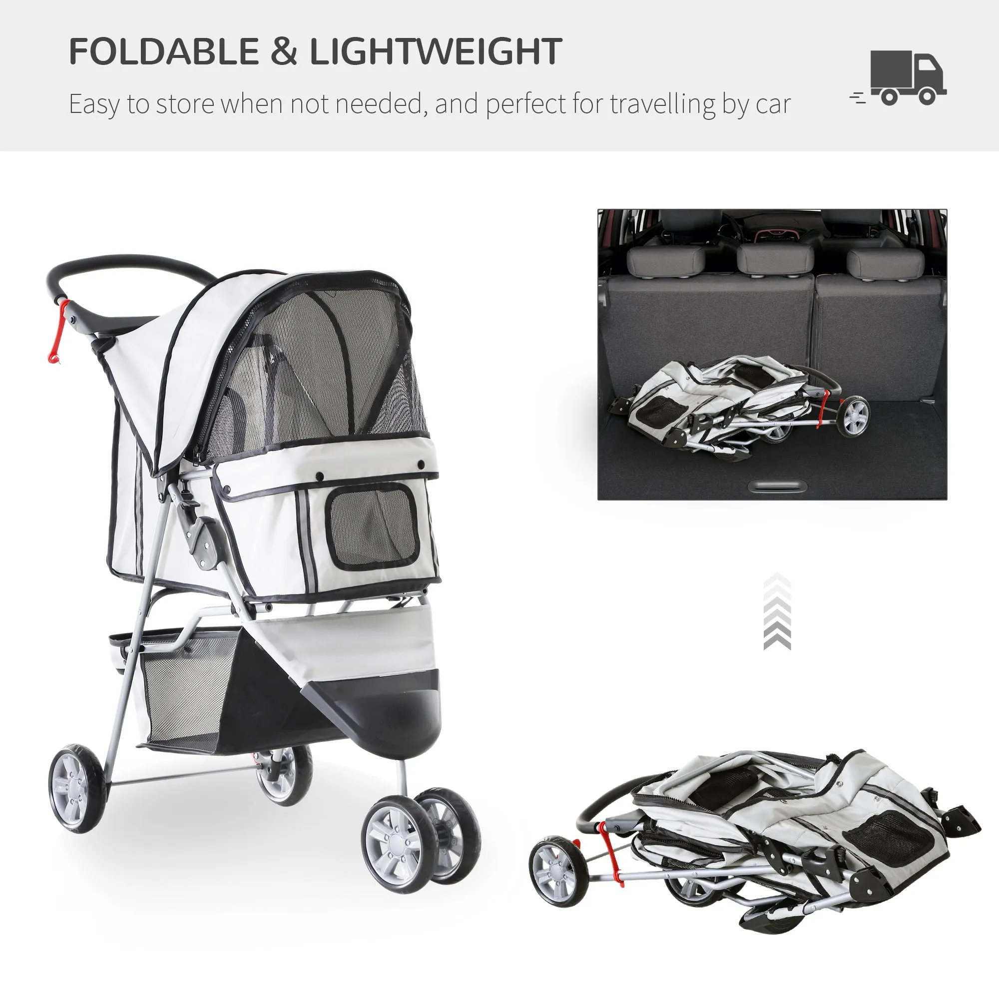 PawHut Pet Stroller Pushchair Carrier for Cat Puppy with 3 Wheels Grey