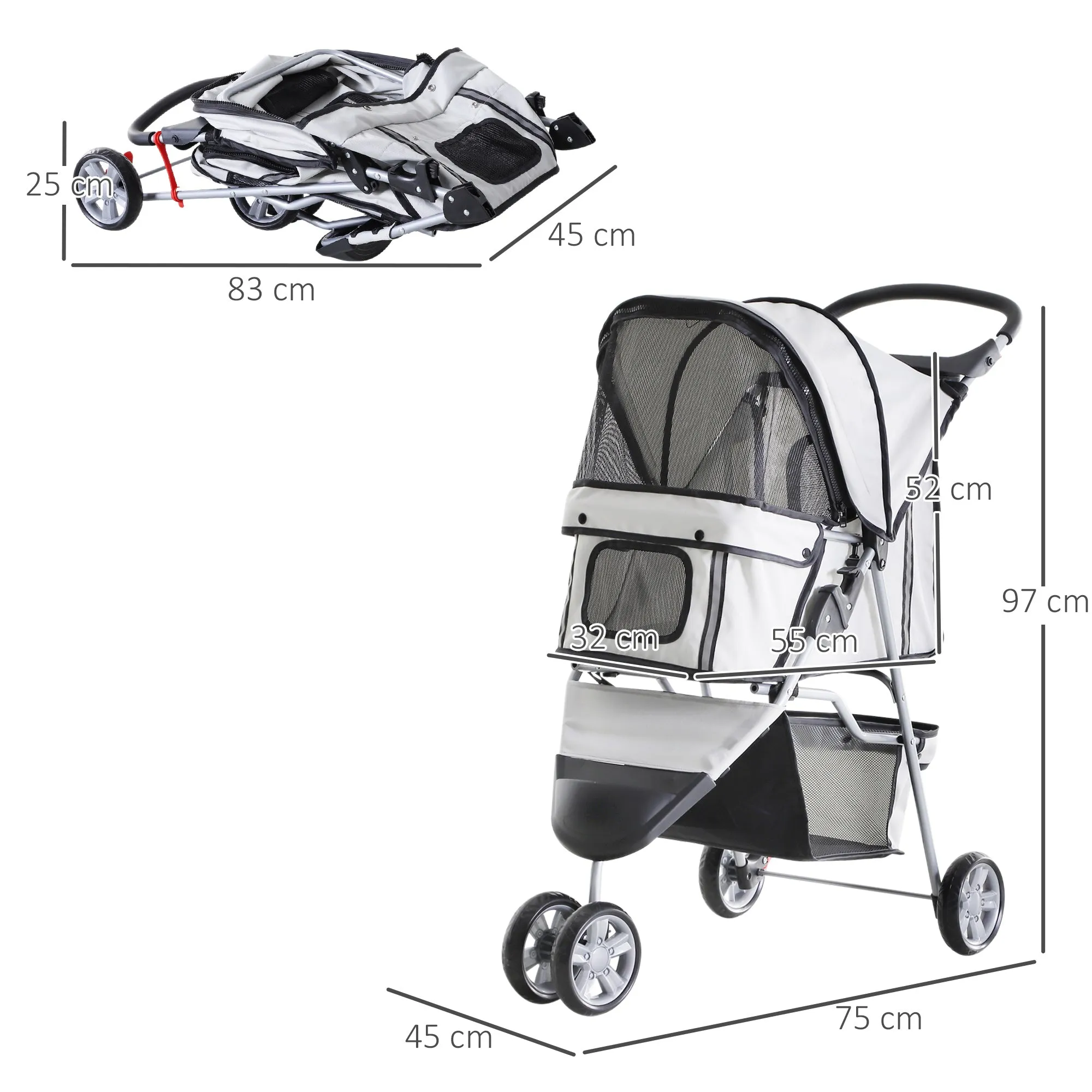 PawHut Pet Stroller Pushchair Carrier for Cat Puppy with 3 Wheels Grey