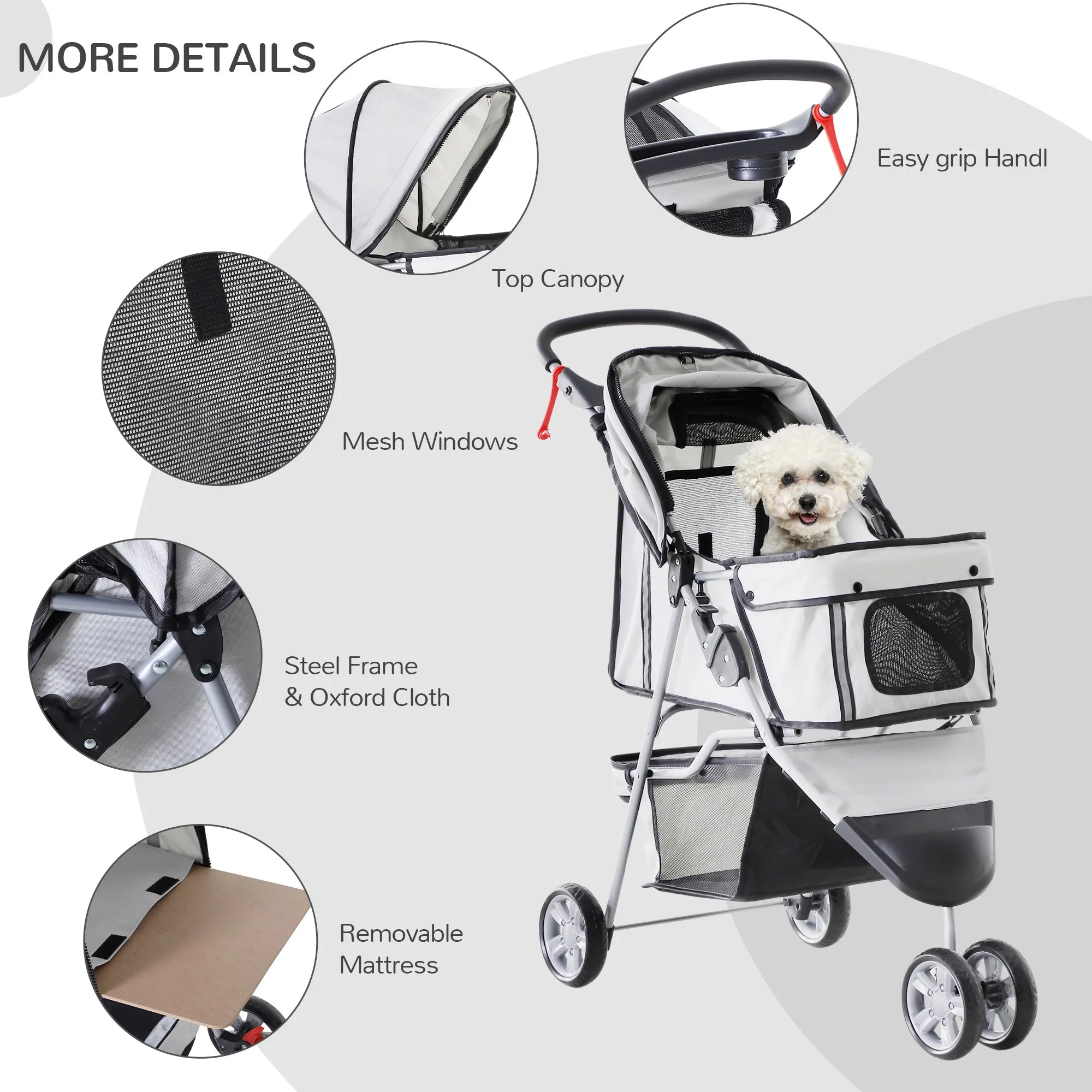 PawHut Pet Stroller Pushchair Carrier for Cat Puppy with 3 Wheels Grey