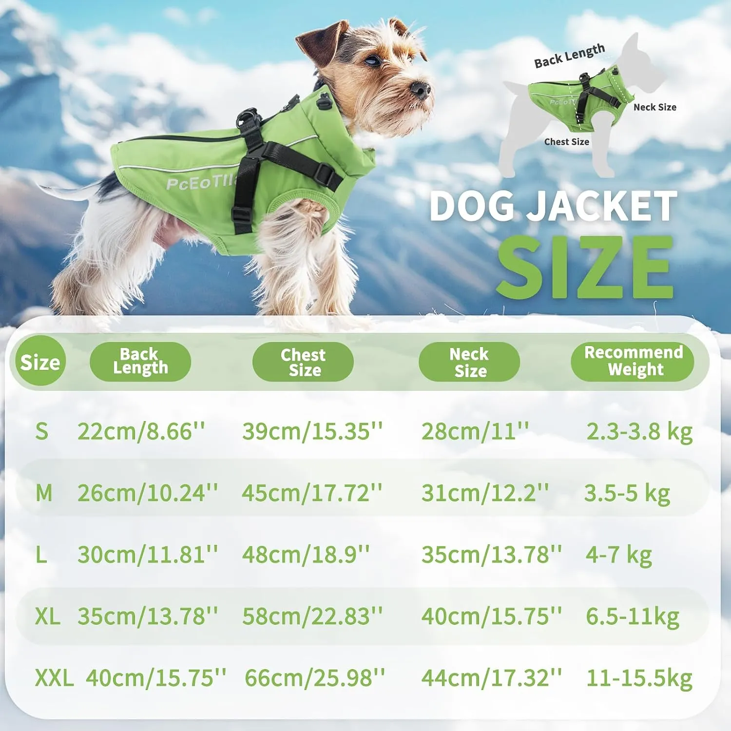 PcEoTllar Dog Coat with Harness, Warm Winter Jacket, Waterproof Windproof, Reflective Snow Dog Clothes with Zipper, for Small Medium Large Dogs (Green,s)
