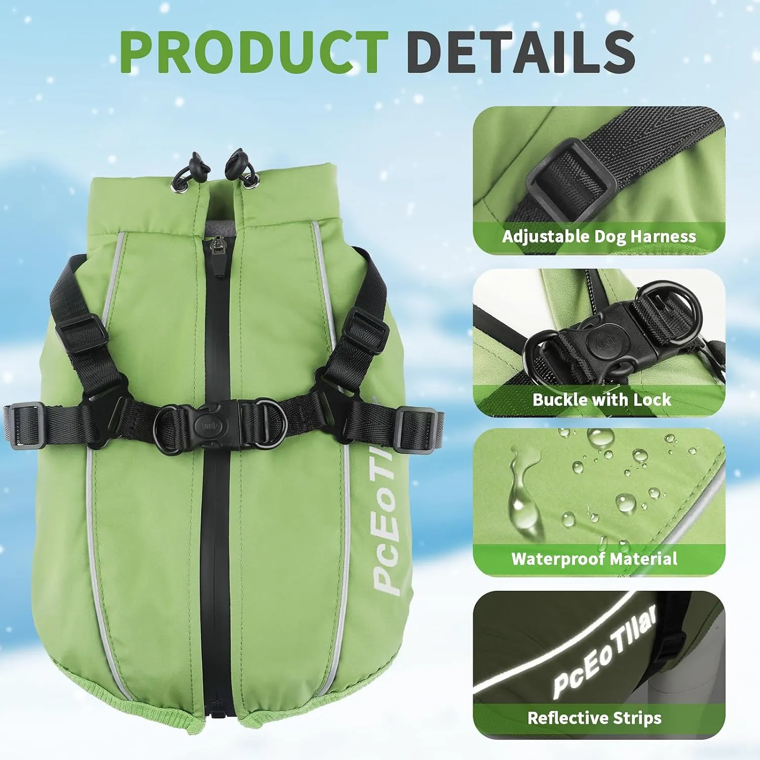PcEoTllar Dog Coat with Harness, Warm Winter Jacket, Waterproof Windproof, Reflective Snow Dog Clothes with Zipper, for Small Medium Large Dogs (Green,s)