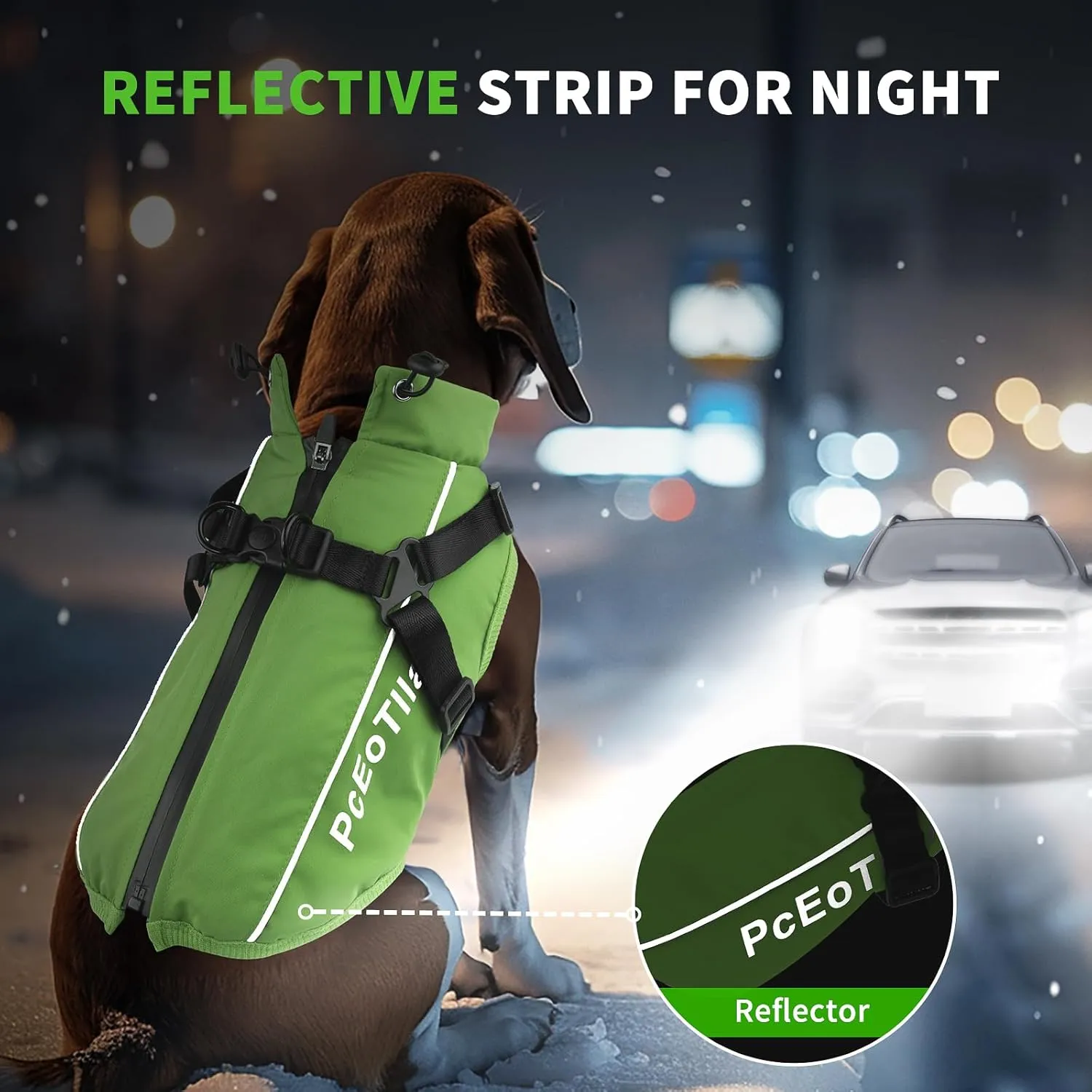 PcEoTllar Dog Coat with Harness, Warm Winter Jacket, Waterproof Windproof, Reflective Snow Dog Clothes with Zipper, for Small Medium Large Dogs (Green,s)