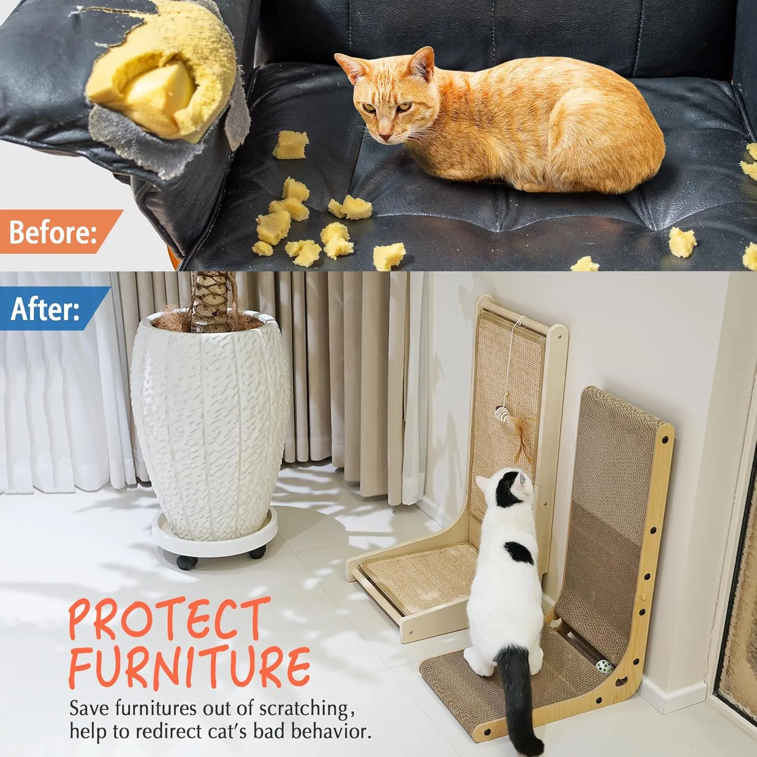 PETKARAY Cat Scratcher, Sisal Cat Scratch Pad, L Shape Scratching Board for Indoor Kitty, Floor Mounted Scratcher with Mouse Toy Catnip