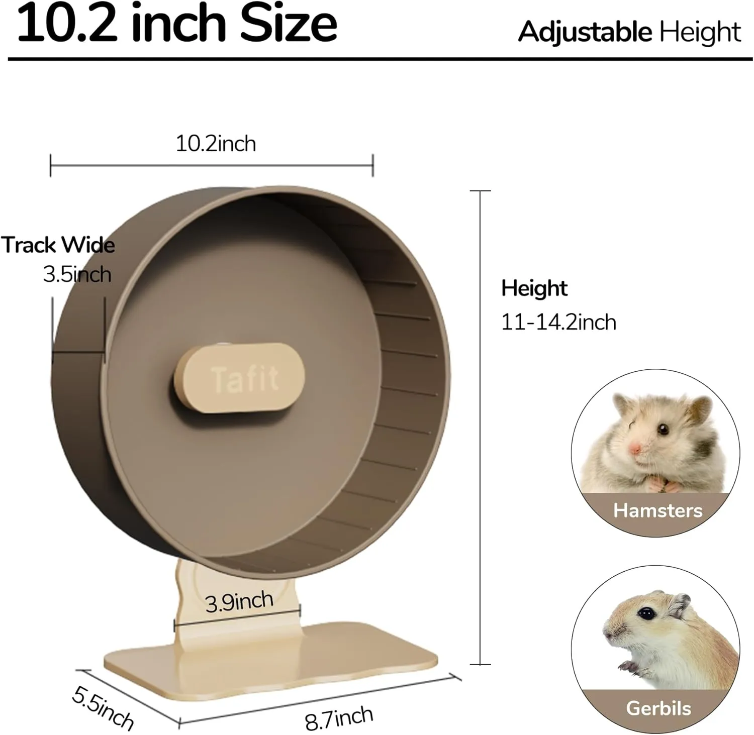 Quiet Hamster Wheel 10.2 Inch Dual-Bearings Silent Small Animals Running Exercise Wheel Height Adjustable for Syrian Dwarf Hamsters, Gerbils, Rats, or Other Small Pets, Nut Brown