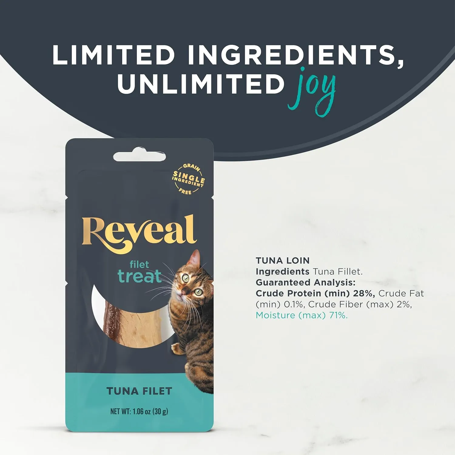 Reveal Natural Cat Treats, 12 Count, Single Ingredient Treat for Cats, Grain Free, Whole Tuna Loin, 1.06 oz Bags