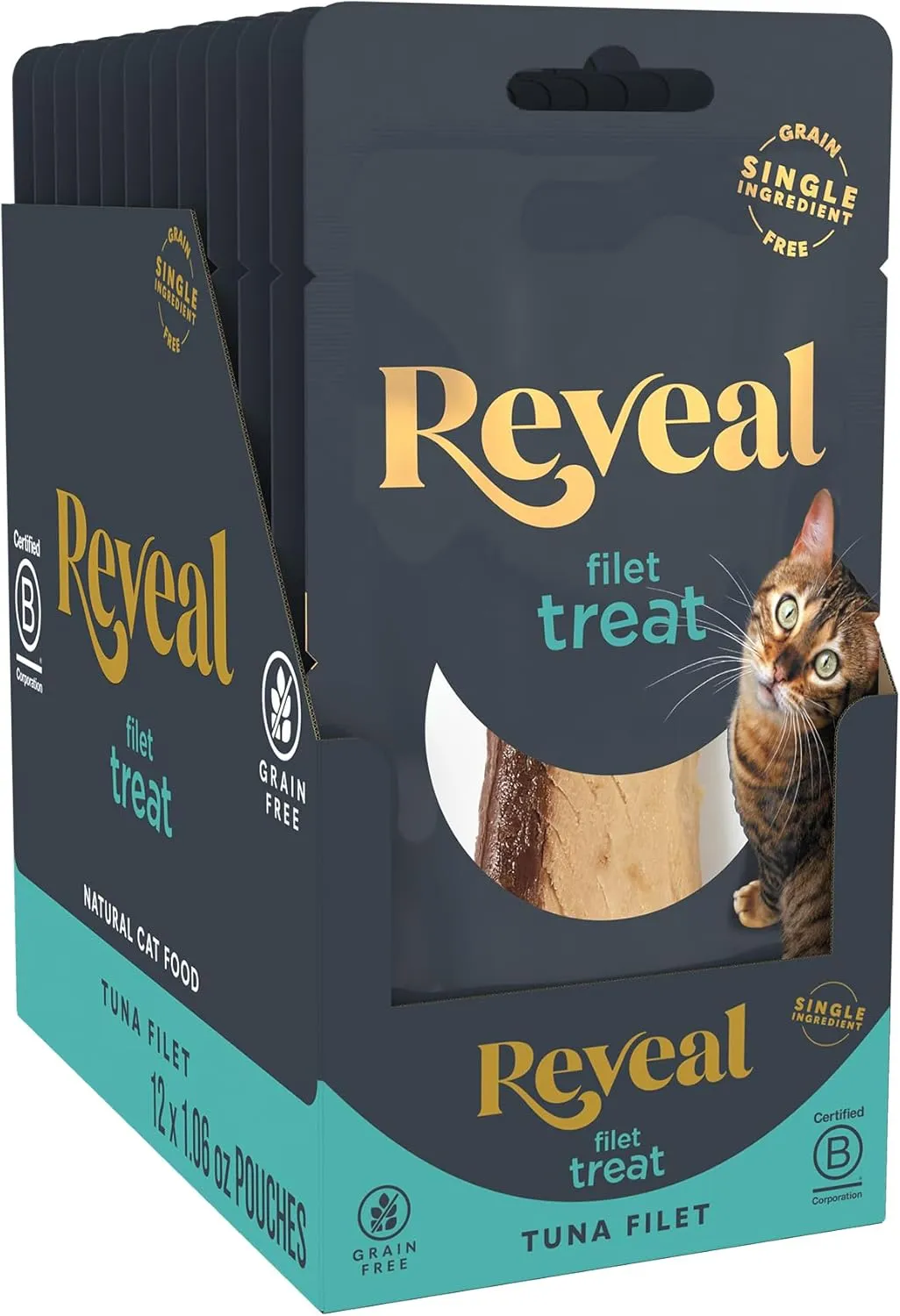Reveal Natural Cat Treats, 12 Count, Single Ingredient Treat for Cats, Grain Free, Whole Tuna Loin, 1.06 oz Bags
