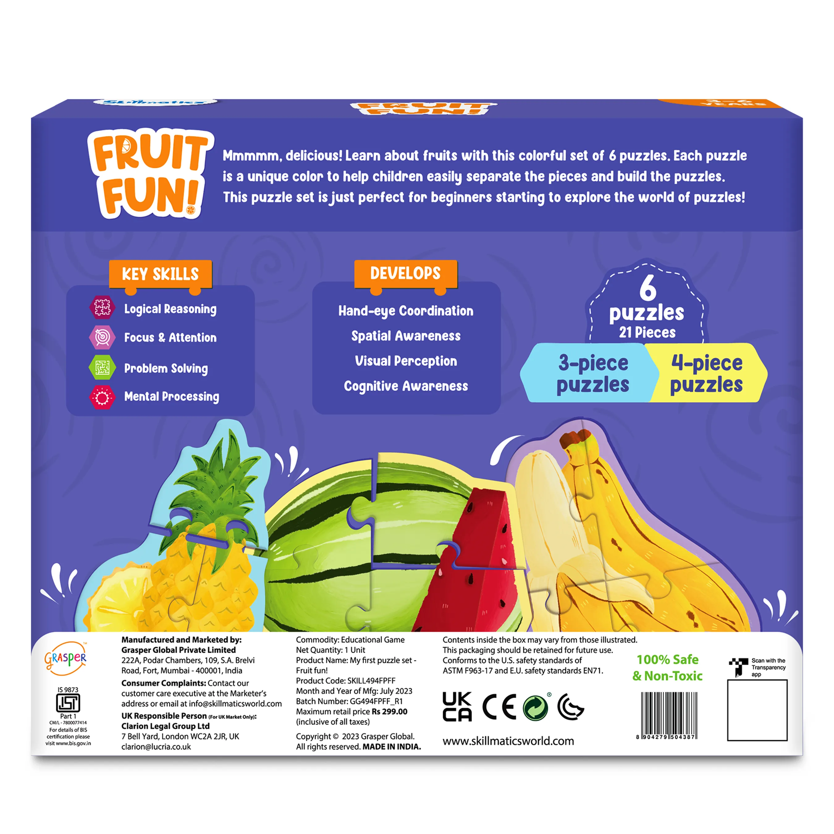 Skillmatics My First Puzzle Set - 21 Piece Fruit Jigsaw Puzzles, Educational Toddler Toy, Gifts For Kids Ages 3 To 6