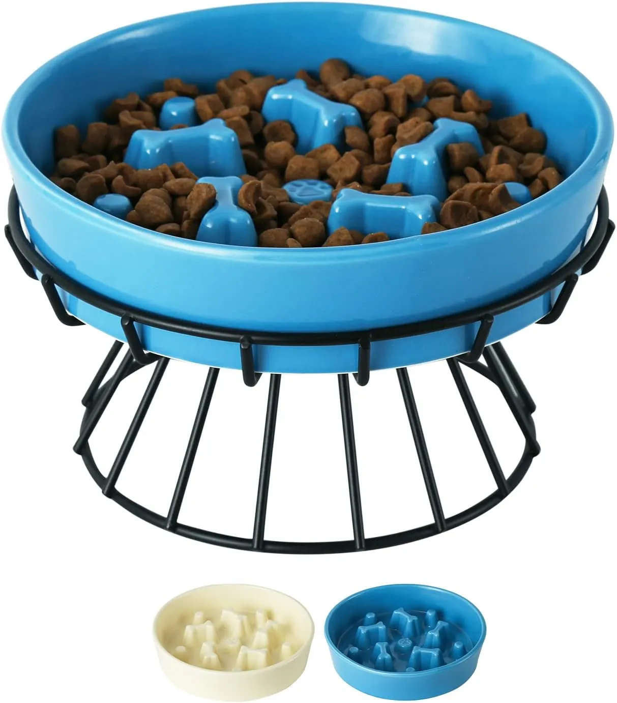 TAMAYKIM 8.25'' Ceramic Slow Dog Bowl with Elevated Metal Stand, 1.75 Cups Non-Slip Large Puzzle Raised Dog Bowl Feeder, Slow Down Eating Prevent Choking Food Bowl Dish for Small and Medium Dogs, Blue