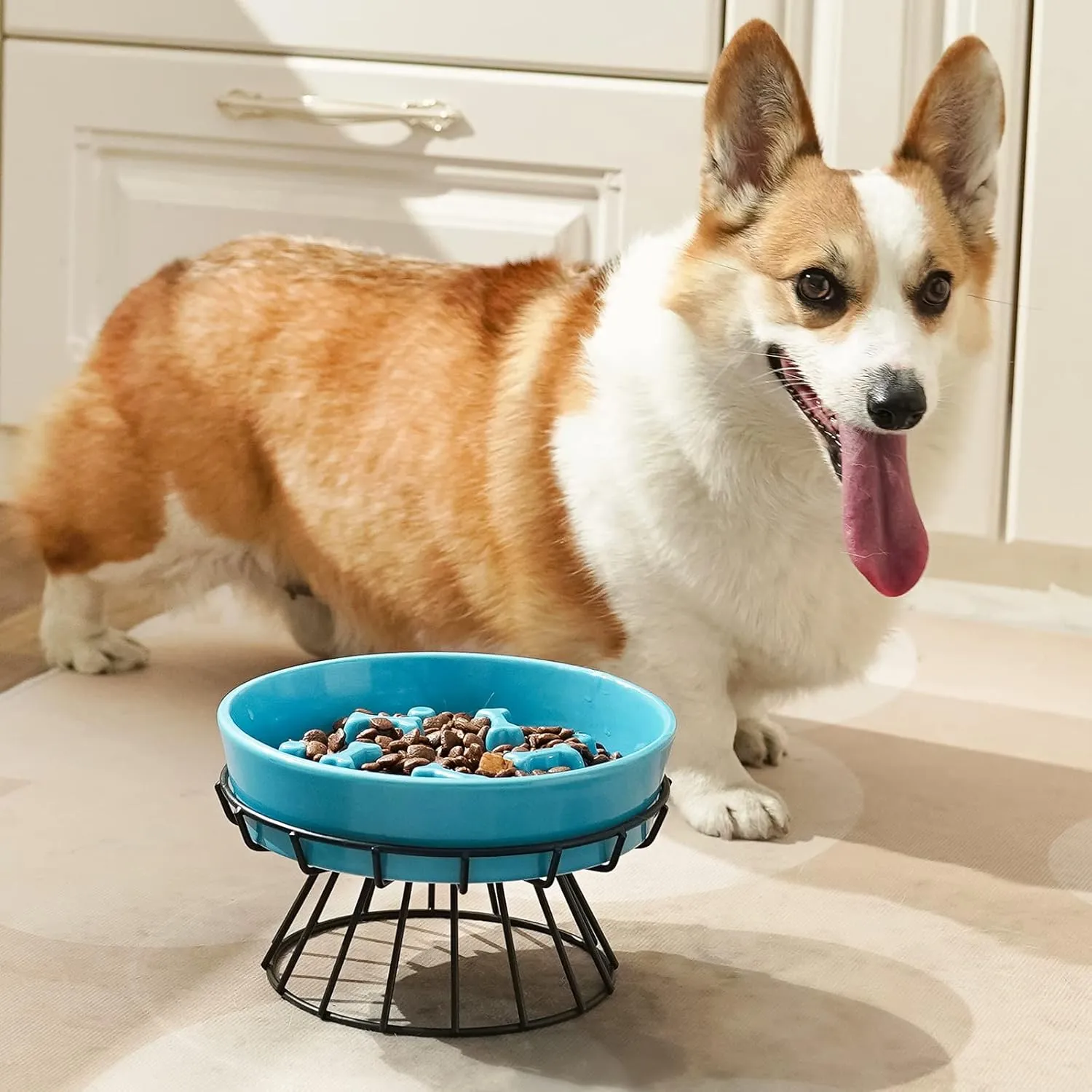 TAMAYKIM 8.25'' Ceramic Slow Dog Bowl with Elevated Metal Stand, 1.75 Cups Non-Slip Large Puzzle Raised Dog Bowl Feeder, Slow Down Eating Prevent Choking Food Bowl Dish for Small and Medium Dogs, Blue