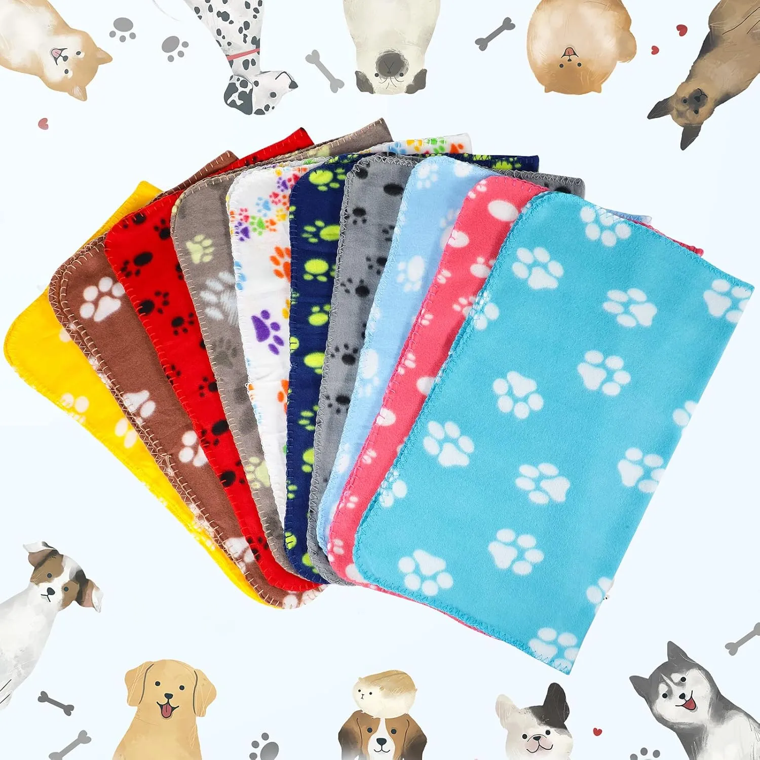 Tatuo 10 Pieces Pet Blankets with Paw Print Dog Cat Fleece Blankets Soft Warm Sleep Mat Pad Bed Cover for Kitten Puppy and Other Small Animals, 24 x 28 Inch(Bright Color)
