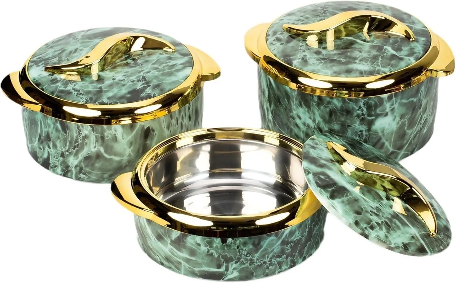Thermal Casserole for hot food, Double walled insulated inner Stainless Steel hot pot with lid, Serving box for food and roti, insulated serving bowl with lid, Set of 3 (Marble Green)