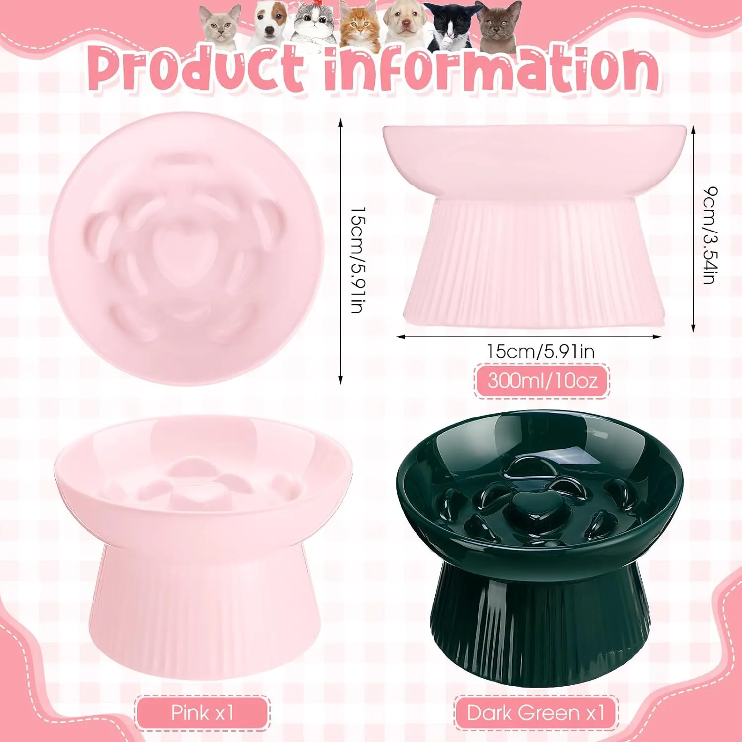 Tioncy 2 Pcs Ceramic Slow Feeder Raised Cat Bowl Cat Food Elevated Dry Wet Food and Water Easy to Clean Pet Bowls High Edge for Small Dogs, Dishwasher Safe(Pink, Dark Green)