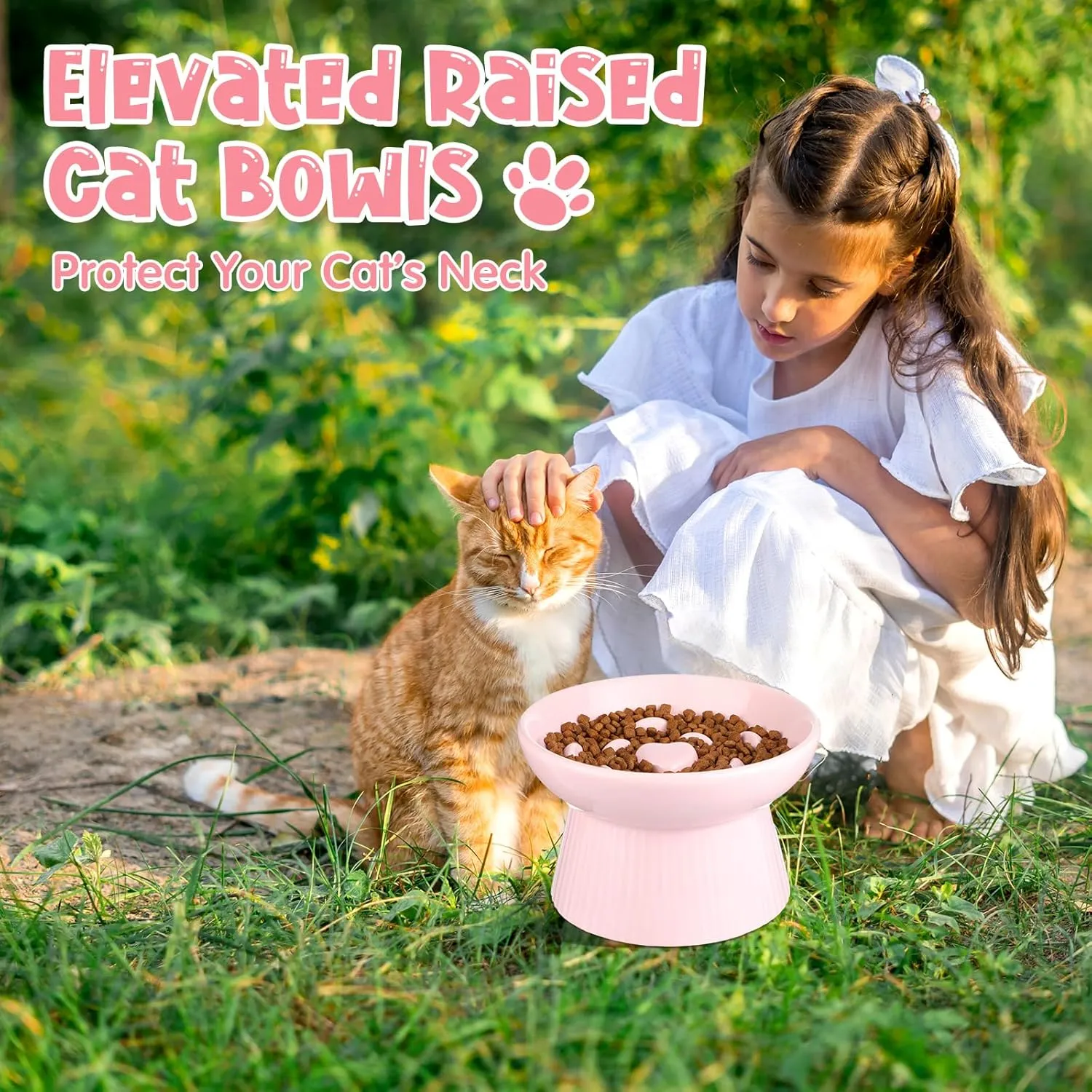 Tioncy 2 Pcs Ceramic Slow Feeder Raised Cat Bowl Cat Food Elevated Dry Wet Food and Water Easy to Clean Pet Bowls High Edge for Small Dogs, Dishwasher Safe(Pink, Dark Green)