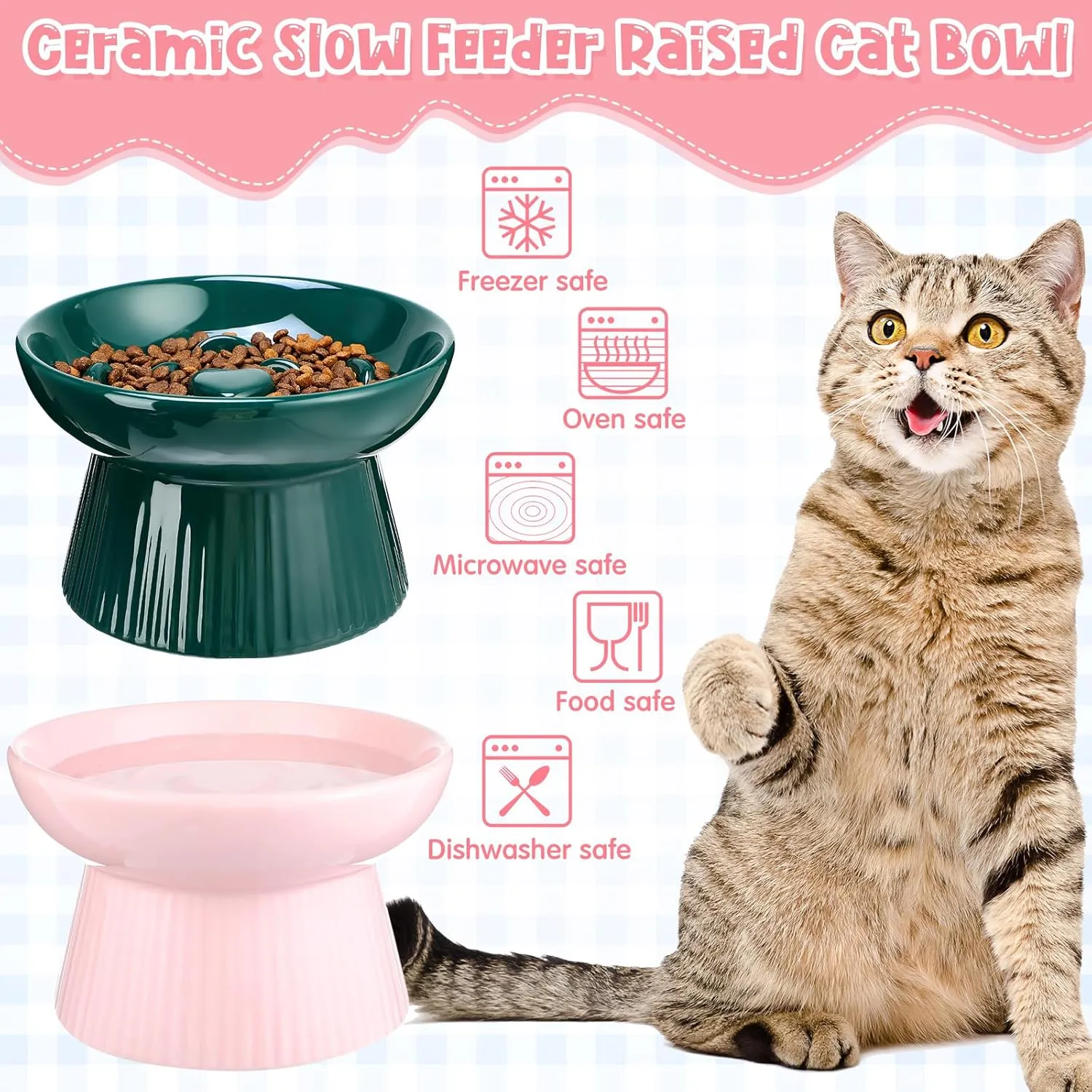 Tioncy 2 Pcs Ceramic Slow Feeder Raised Cat Bowl Cat Food Elevated Dry Wet Food and Water Easy to Clean Pet Bowls High Edge for Small Dogs, Dishwasher Safe(Pink, Dark Green)