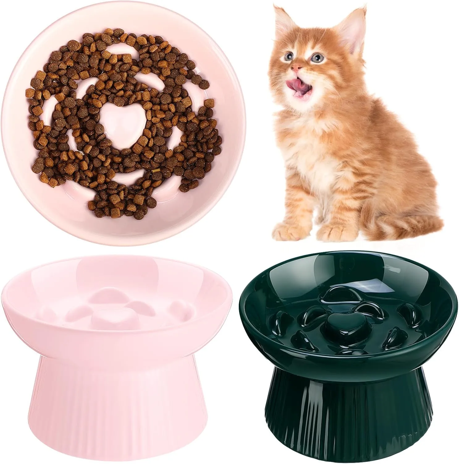 Tioncy 2 Pcs Ceramic Slow Feeder Raised Cat Bowl Cat Food Elevated Dry Wet Food and Water Easy to Clean Pet Bowls High Edge for Small Dogs, Dishwasher Safe(Pink, Dark Green)