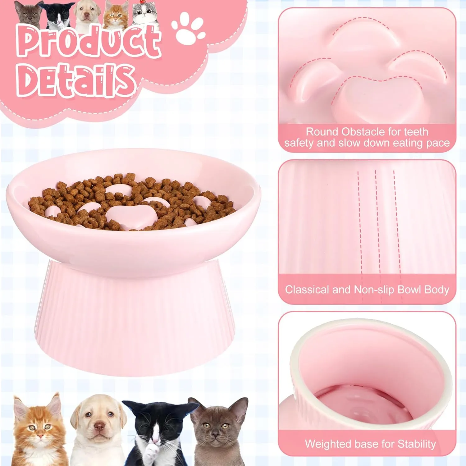Tioncy 2 Pcs Ceramic Slow Feeder Raised Cat Bowl Cat Food Elevated Dry Wet Food and Water Easy to Clean Pet Bowls High Edge for Small Dogs, Dishwasher Safe(Pink, Dark Green)