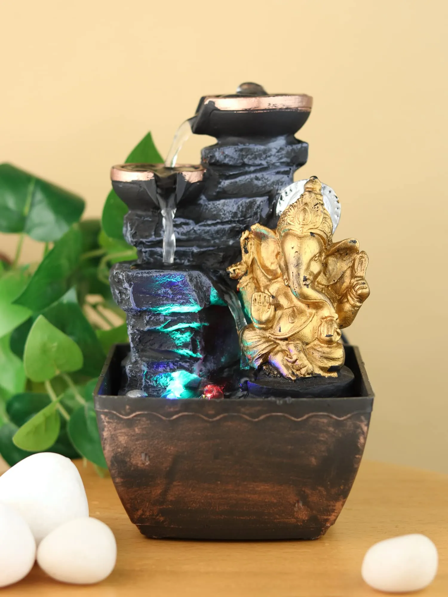 VIVARS Indoor Lord Ganesha Polyresin Water Fountain with LED Light for Home Decor Decoration Showpiece Gifts