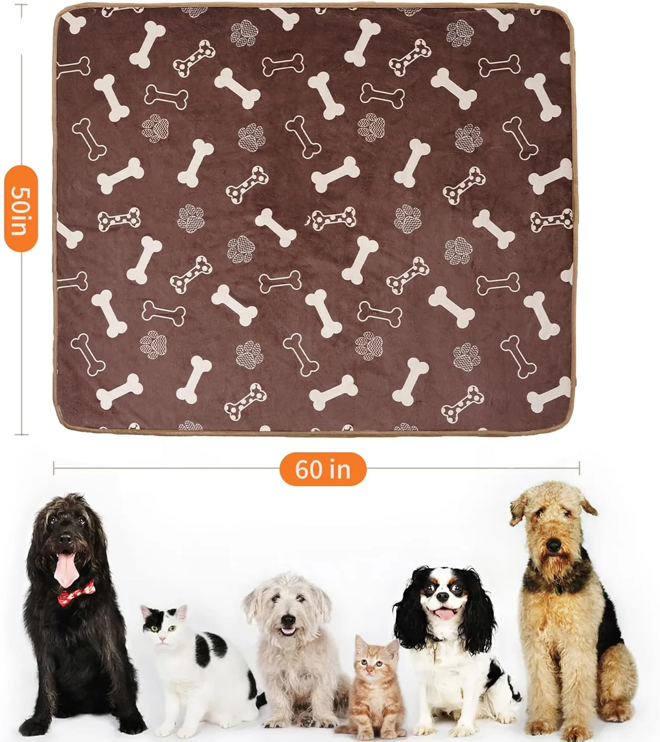 Waterproof Dog Blankets Pet Blanket 50"x60", Soft Fluffy Sofa Car Bed Protector, Reversible Sherpa Fleece Dog Blanket for Large Dogs (Chocolate Brown-Bones)