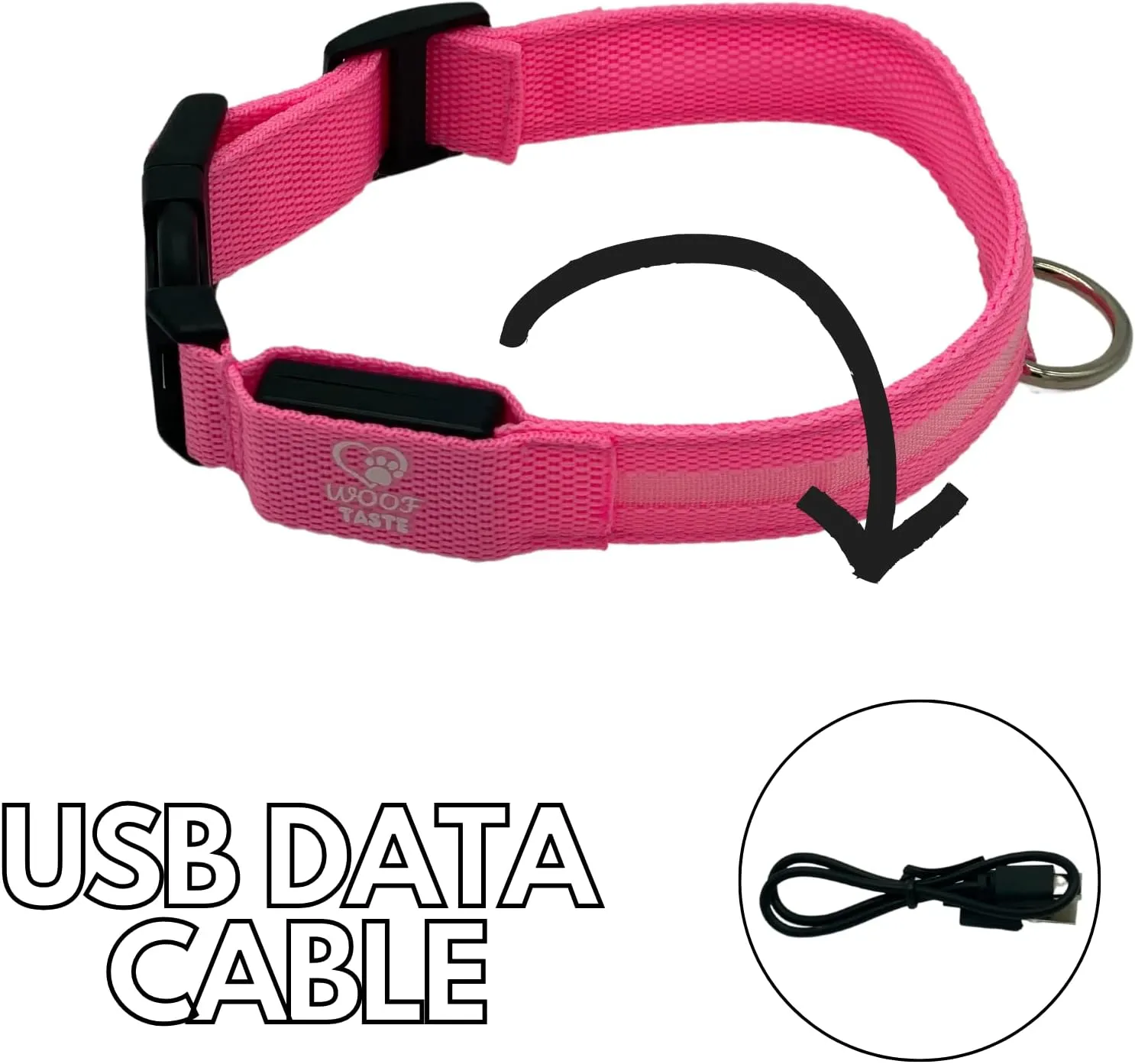 WoofTaste Light Up Dog Collar and Leash for Night, Glow in The Dark 2 Pieces Set, USB Rechargeable, Waterproof - Medium, Pink