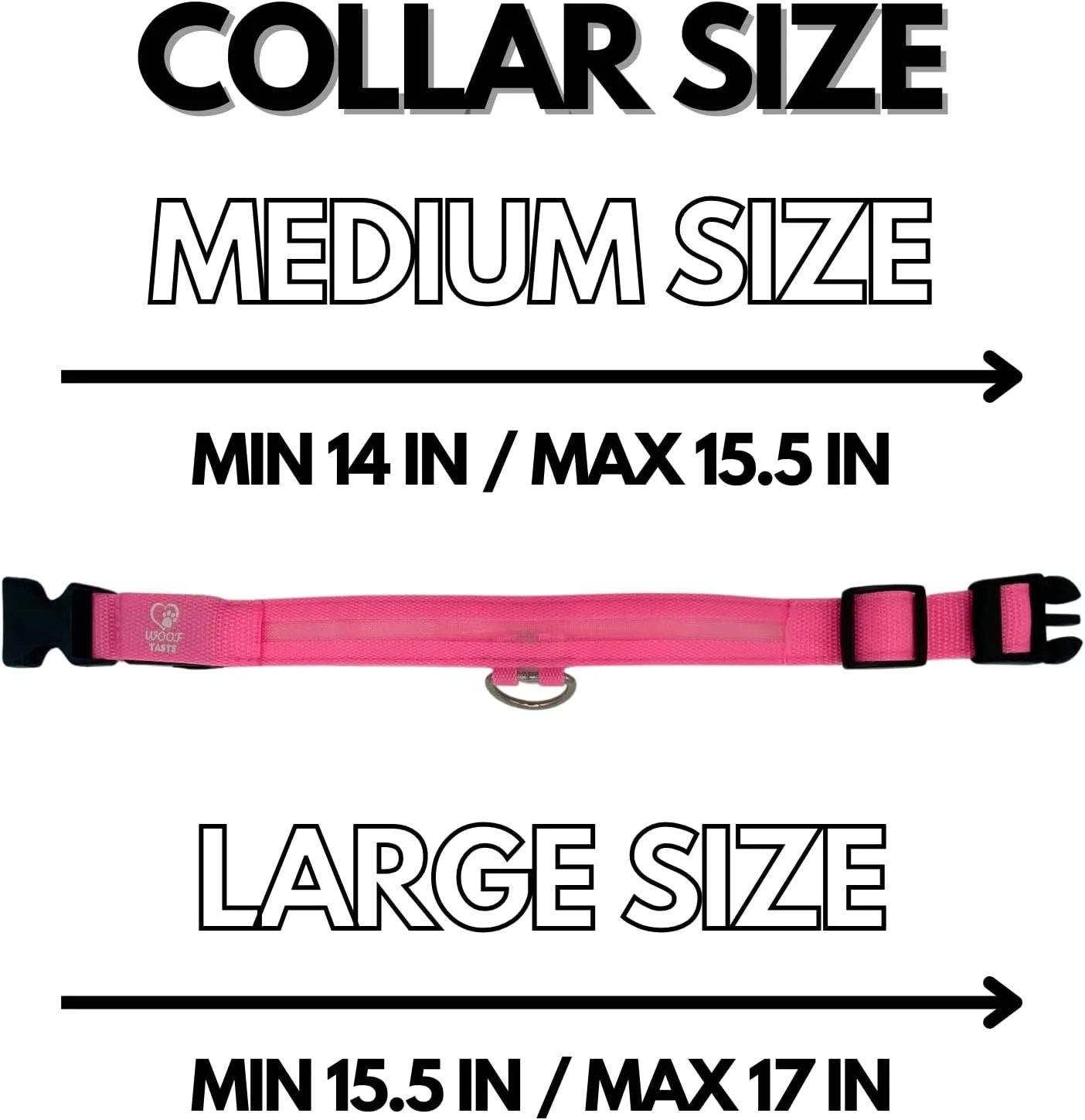 WoofTaste Light Up Dog Collar and Leash for Night, Glow in The Dark 2 Pieces Set, USB Rechargeable, Waterproof - Medium, Pink