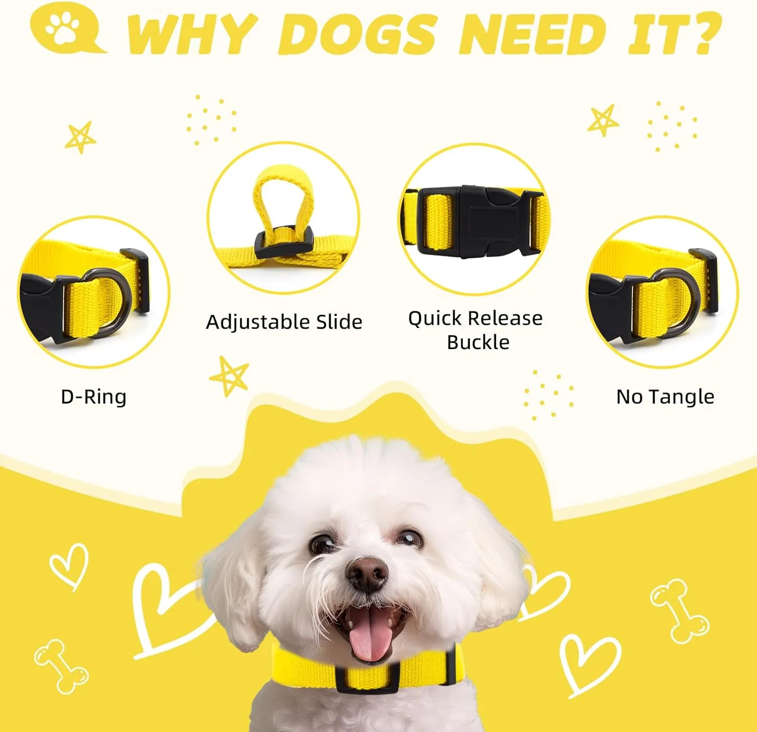 Yellow Dog Collar and Leash Set for Large Dog, Breathable, Anti-Odor & Soft, Comfortable for Sensitive Skin Puppies, 90% Bamboo Rayon, Adjustable Quick-Release Buckle Pet Collar for Large Breeds