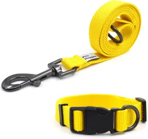 Yellow Dog Collar and Leash Set for Large Dog, Breathable, Anti-Odor & Soft, Comfortable for Sensitive Skin Puppies, 90% Bamboo Rayon, Adjustable Quick-Release Buckle Pet Collar for Large Breeds