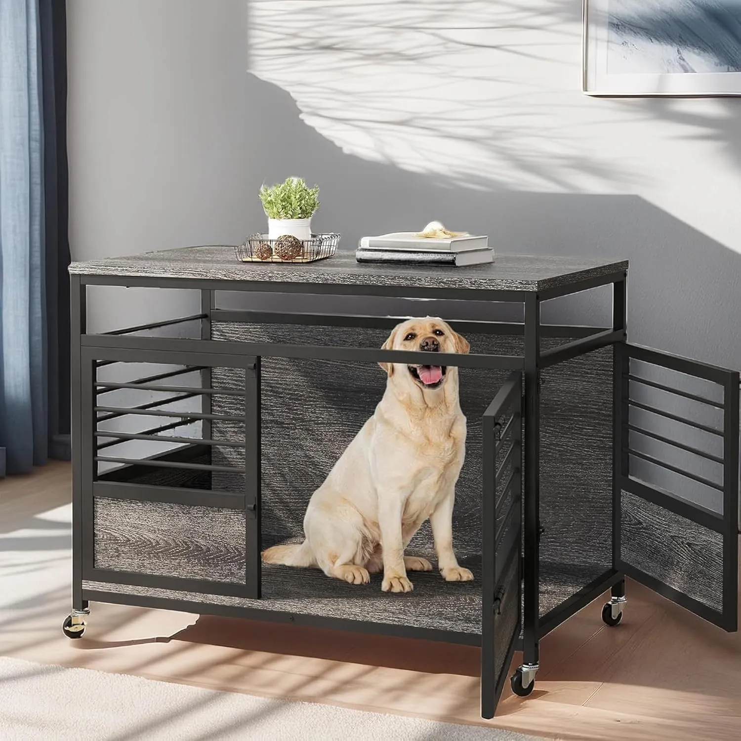 YITAHOME 39" Dog Crate Furniture with Wheels, Farmhouse Decorative Wood Dog Cage End Table Chew-Resistant Wooden Dog Kennel Indoor for Small Dogs, Grey