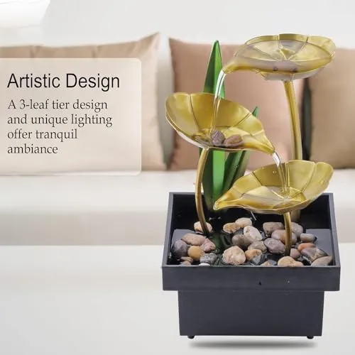 ZOMBIO Tabletop Fountains Metal Water Fountain Home Decor Ornaments with Waterfall Desktop Leaf Fountains Deep Basin Natural River Rocks Indoor Zen Relaxation for Decor Office Living Room Bedroom